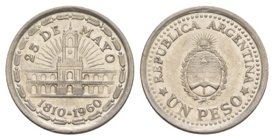Аргентина 1 песо 1960 150 лет свержению Испанского Вице-короля KM 58 сталь плакированная никелем 4637-333
