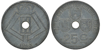Бельгия 25 сантимов 1943 Belgique-Belgie KM 125 цинк 4163-633