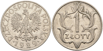 Польша 1 злотый 1929 Республика KM 14, Parchimowicz 108 никель 3336-721