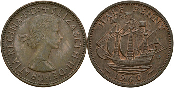 Великобритания 1/2 пенни 1960 Елизавета II (1952-2022) KM 896, Spink 4158 бронза 4150-733