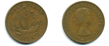 Великобритания 1/2 пенни 1959 Елизавета II (1952-2022) KM 896, Spink 4158 бронза 56-422