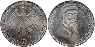 ФРГ 5 марок 1968 G, 500 лет со дня смерти Иоганна Гутенберга KM 122, J. 397 серебро UNC 1520-1235