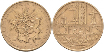 Франция 10 франков 1976 тип Матье KM 940, Le Franc 365.7-8 никель латунь 3855-723