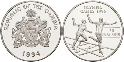 Гамбия 20 даласи 1994 Олимпийские игры 1996 года в Атланте, бег KM 47 серебро PROOF 1098-1-61