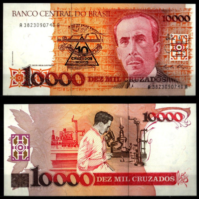 Бразилия 10000 крузадо 1989 Карлус Шагас, Карлус Шагас в лаборатории Pick 218 a бумага UNC (пресс) 2119-45-3-1