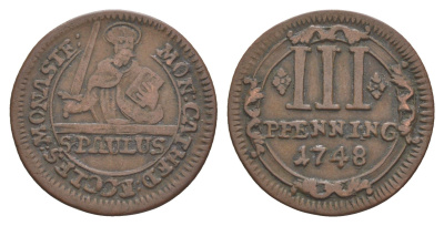 Мюнстер 3 пфеннига 1748 Монетный двор кафедрального капитула KM 430 медь 633-1511