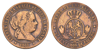 Испания 2 1/2 сентимо 1868 Изабелла II KM 634 медь 4656-112