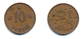 Финляндия 10 пенни 1936 республика (1918-1962) KM 24 медь 51-5513