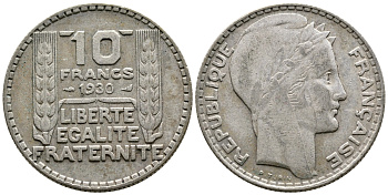 Франция 10 франков 1930 Пьер Тюрен KM 878, Le Franc 360.3 серебро 79-442