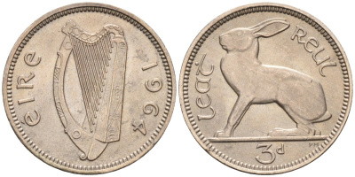 Ирландия 3 пенса 1964 заяц KM 12а медно-никель UNC 4580-929