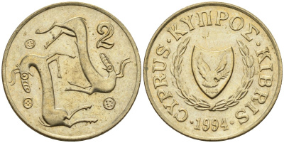 Кипр 2 цента 1994 KM 54.3 никель латунь 4596-115