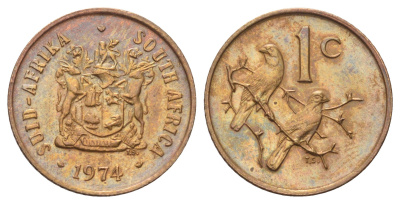 ЮАР 1 цент 1974 герб, капские воробьи KM 82 бронза UNC 4696-924