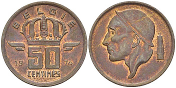 Бельгия 50 сантимов 1974 Belgie, Бодуэн I (1951-1993) KM 149.1 бронза 3458-119