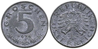 АВСТРИЯ 5 ГРОШЕЙ 1975 KM 2875 цинк 57-1345