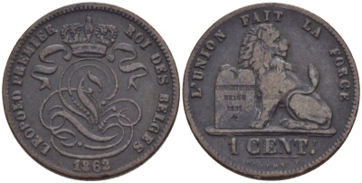 БЕЛЬГИЯ 1 САНТИМ 1862 BELGES KM 1.2 медь 100-231