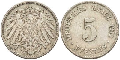 Германия 5 пфеннигов 1911 J KM 11, Jager 12, Weege 6 медно-никель 105-148