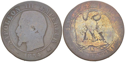 ФРАНЦИЯ 5 САНТИМОВ 1854 К, НАПОЛЕОН III (1852-1870) KM 777.5, LE FRANC 116.13 бронза 217-152