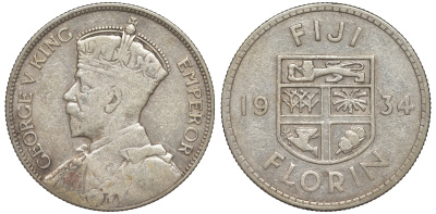 Фиджи 1 флорин 1934 Георг V (1910-1936), герб Фиджи KM 5 серебро    91-1123