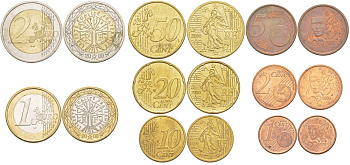 Франция евронабор из 8 монет 2010 1, 2, 5, 10, 20, 50 евроцентов, 1 и 2 евро KM 210, 211, 212, 247, 248, 249, 250, 251 UNC N6-31