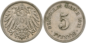 Германия 5 пфеннигов 1911 J KM 11, Jager 12, Weege 6 медно-никель 25-1143