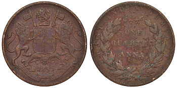 Британская Индия 1/4 анна 1835 25,2 мм. Бомбей, Британская Ост-Индская компания KM 446.2 медь 71-1214