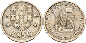 Португалия 2,5 эскудо 1979 парусник KM 590 медно-никель  UNC  4160-1224