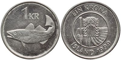 Исландия 1 крона 1999 треска KM 27а сталь плакированная никелем 3334-442