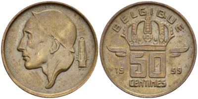 БЕЛЬГИЯ 50 САНТИМОВ 1959 BELGIQUE KM 148.1 бронза 4528-936