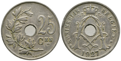 БЕЛЬГИЯ 25 САНТИМОВ 1927 BELGIE KM 69 медно-никель 177-1041