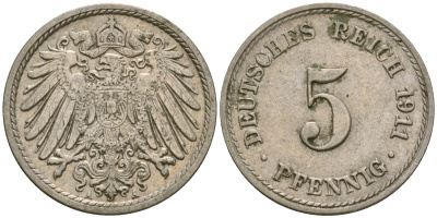 Германия 5 пфеннигов 1911 J KM 11, Jager 12, Weege 6 медно-никель 25-1143