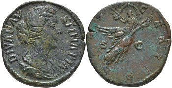 Римская Империя сестерций 176 Фаустина Младшая, жена Марка Аврелия, посмертная чеканка, DIVA FAVSTINA PIA, бюст императрицы / CONSECRATIO, Фаустина, улетающая на павлине, Рим, 21,21 гр, редкая (1000$ по Roman Coins and their values, 00-000-00