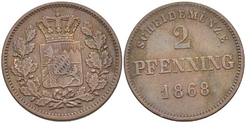 Бавария 2 пфеннига 1868 Людвиг II (1864-1886) KM 478 медь 202-252