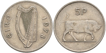 Ирландия 5 пенсов 1978 бык KM 22 медно-никель 4146-531