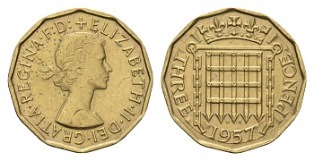 Великобритания 3 пенса 1957 Елизавета II (1952-2022) KM 900, Spink 4153 никель латунь 4121-534