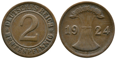 ГЕРМАНИЯ 2 РЕНТЕНПФЕННИГА 1924 F KM 31, J.307 бронза 86-1416