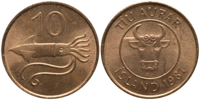 Исландия 10 эйре 1981 кальмар KM 25 бронза UNC 211-815
