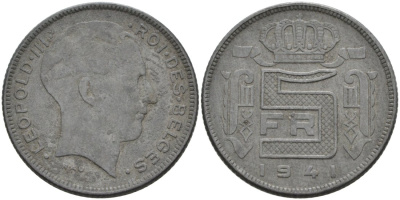 Бельгия 5 франков 1941 Belges KM 129 цинк 51-1914