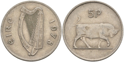 Ирландия 5 пенсов 1978 бык KM 22 медно-никель 4146-531