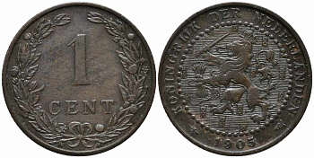 НИДЕРЛАНДЫ 1 ЦЕНТ 1905 ВИЛЬГЕЛЬМИНА (1890-1948) KM 132.1 бронза 112-444