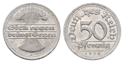 Германия 50 пфеннигов 1920 D KM 27, J. 301 алюминий aUNC 3856-656