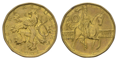 Чехия 20 крон 2004 чешский лев, герцог Вацлав на коне KM 5 сталь плакированная латунью aUNC 3459-752
