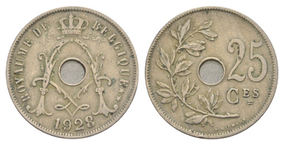 Бельгия 25 сантимов 1928 Belgique, Альберт I (1909-1934) KM 68 медно-никель 4619-544