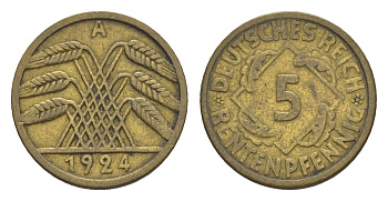 Германия 5 рентенпфеннигов 1924 A KM 32, J. 308 алюминиевая бронза 4615-147