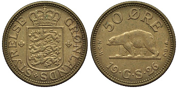 Гренландия 50 эре 1926 NCN; CJ, медведь, датская колония KM 7 алюминиевая бронза 186-1043