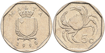Мальта 5 центов 1993 краб KM 95 медно-никель 4588-125
