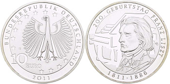 ФРГ 10 евро 2011 G, 200 лет со дня рождения Франца Листа KM 295, DE.S. 10.55 серебро PROOF 1082-9-33
