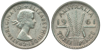 Австралия 3 пенса 1961 m, Елизавета II (1952-2022) KM 57 серебро 71-817
