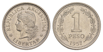 Аргентина 1 песо 1957 KM 57 сталь плакированная никелем 4656-1135