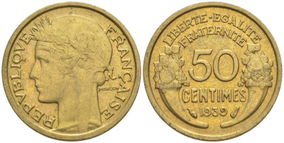 ФРАНЦИЯ 50 САНТИМОВ 1939 ТИП MORLON KM 894.1, LE FRANC 192.15 алюминиевая бронза 44-833