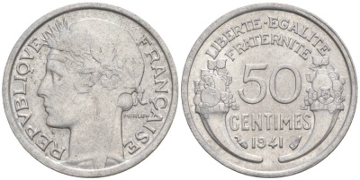 ФРАНЦИЯ 50 САНТИМОВ 1941 ТИП MORLON LOURDE KM 894.1a, LE FRANC 193.2 алюминий 44-248